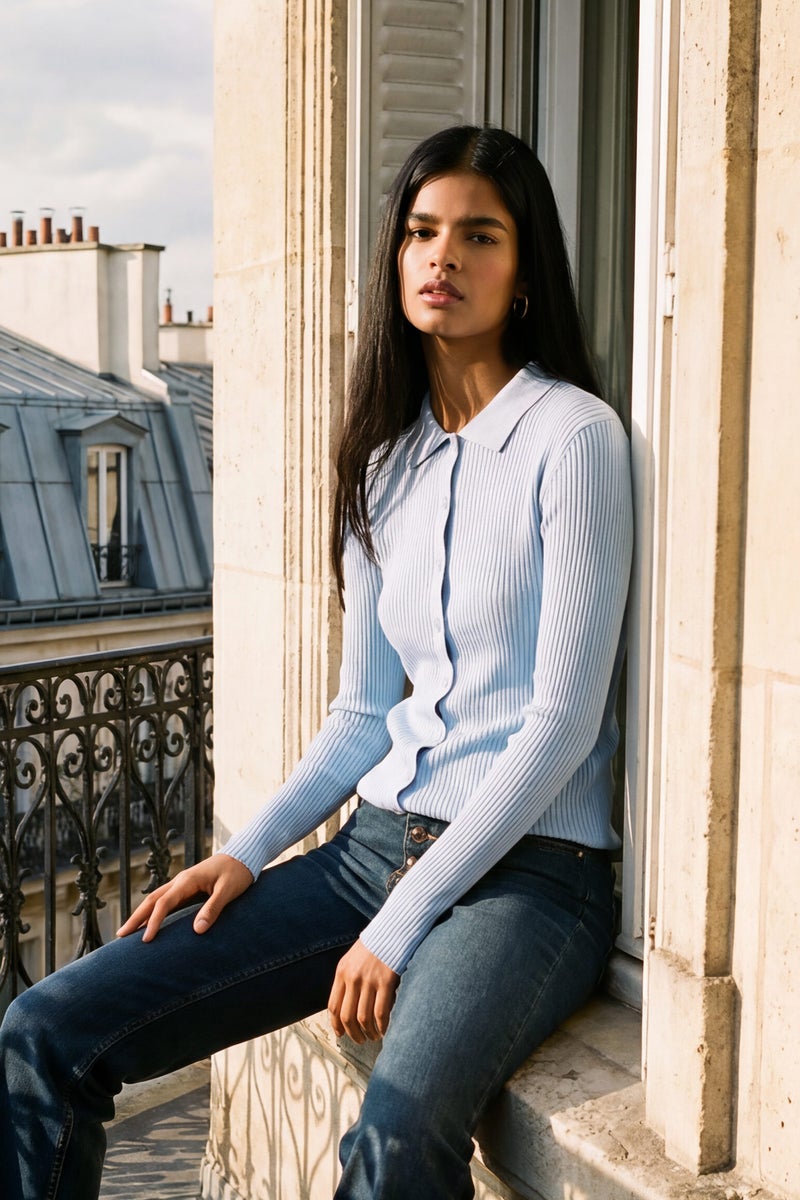 DeFacto Blue Woman Slim Fit Polo Collar Knitwear Cardigan Casual - Image 1